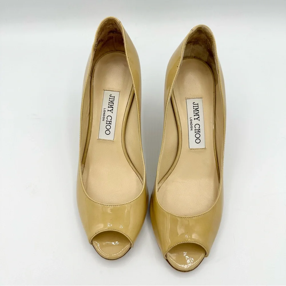 Jimmy Choo peep toe pumps tan patent leather medium heel - Picture 3 of 15